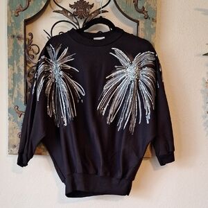 Black & Gray Palm Shimmery Round Neck Sweater. NWOT Size LARGE